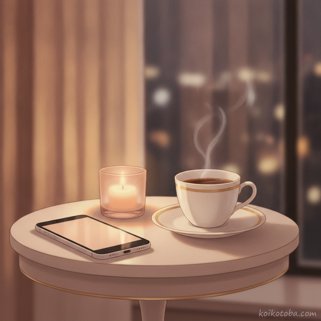 倦怠期に迷う夜のスマホとコーヒーのイメージイラスト