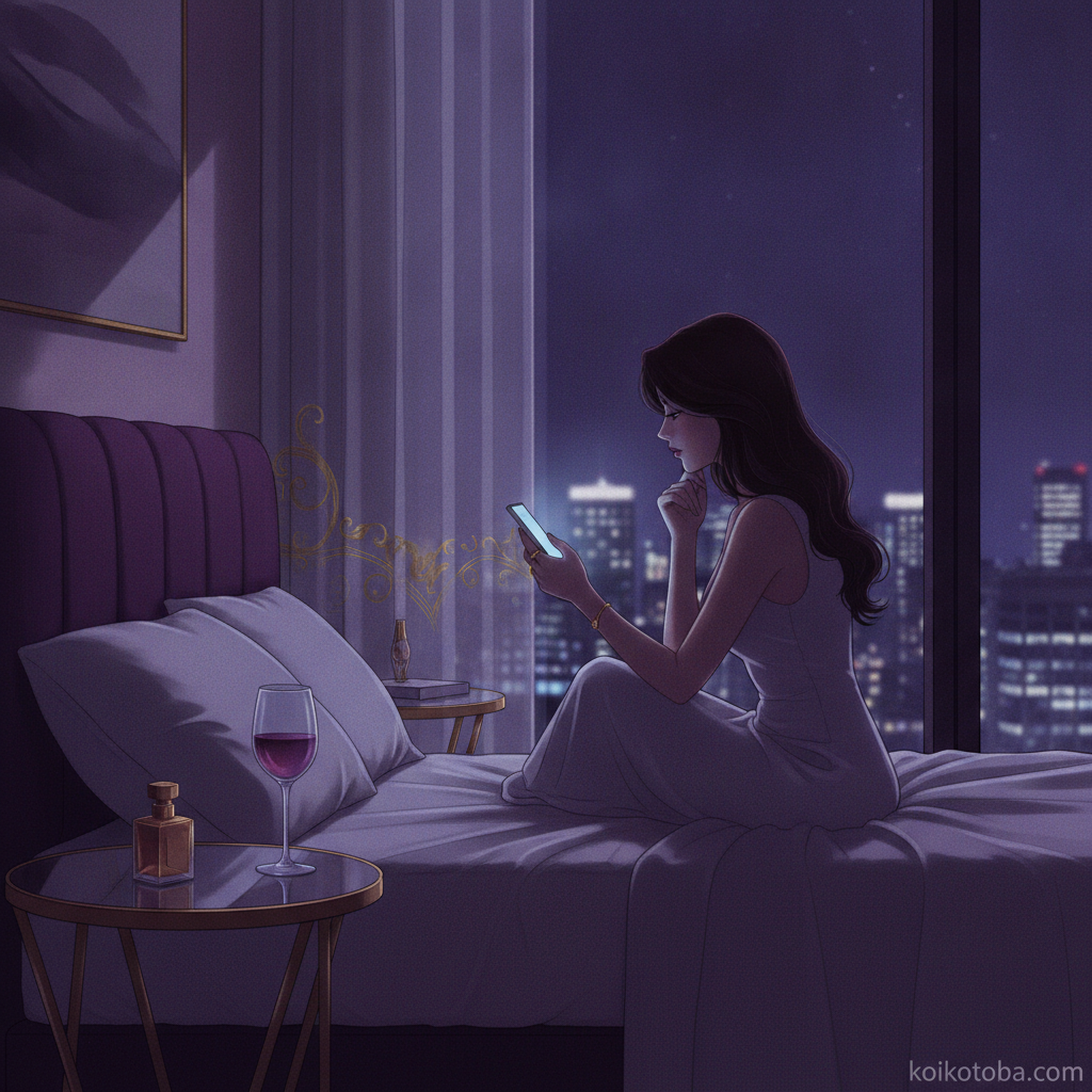 夜、ベッドでスマホの光を見つめる女性のイラスト