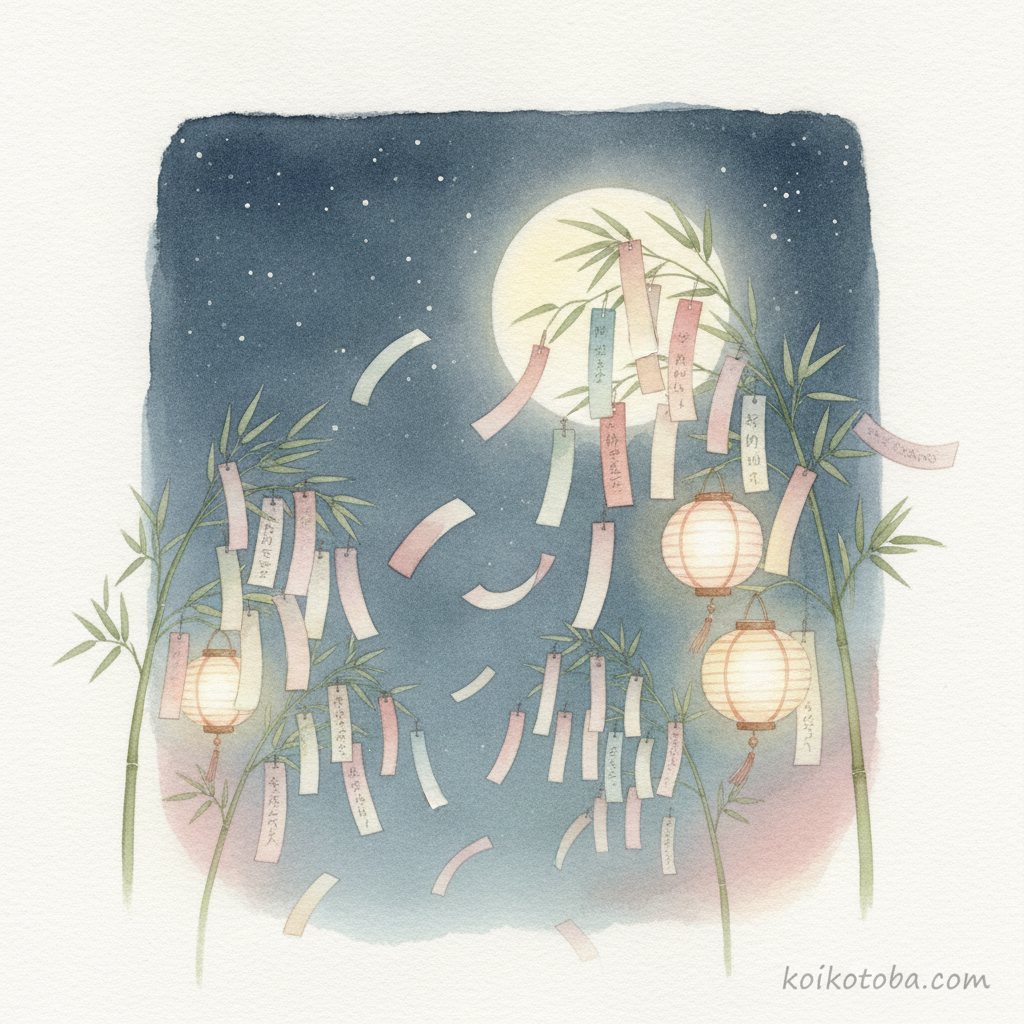 七夕の笹飾りと短冊が夜風に揺れる幻想的な水彩イラスト