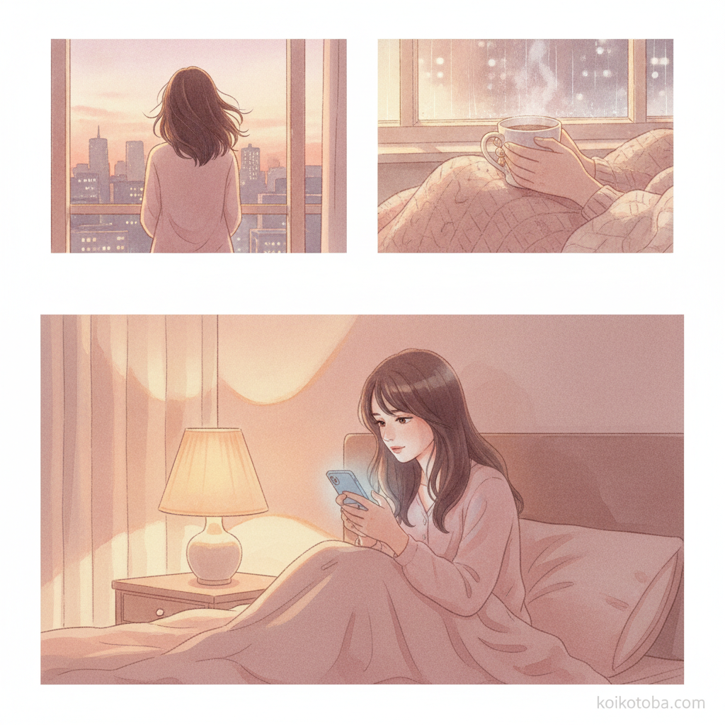 夜、ベッドの上で静かにスマホを見つめる女性