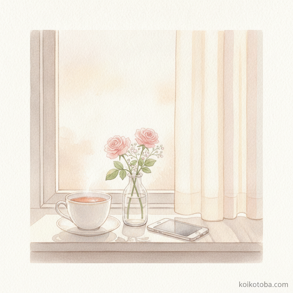 窓辺に置かれた伏せたスマホとあたたかい紅茶、小さな花のある静かな情景