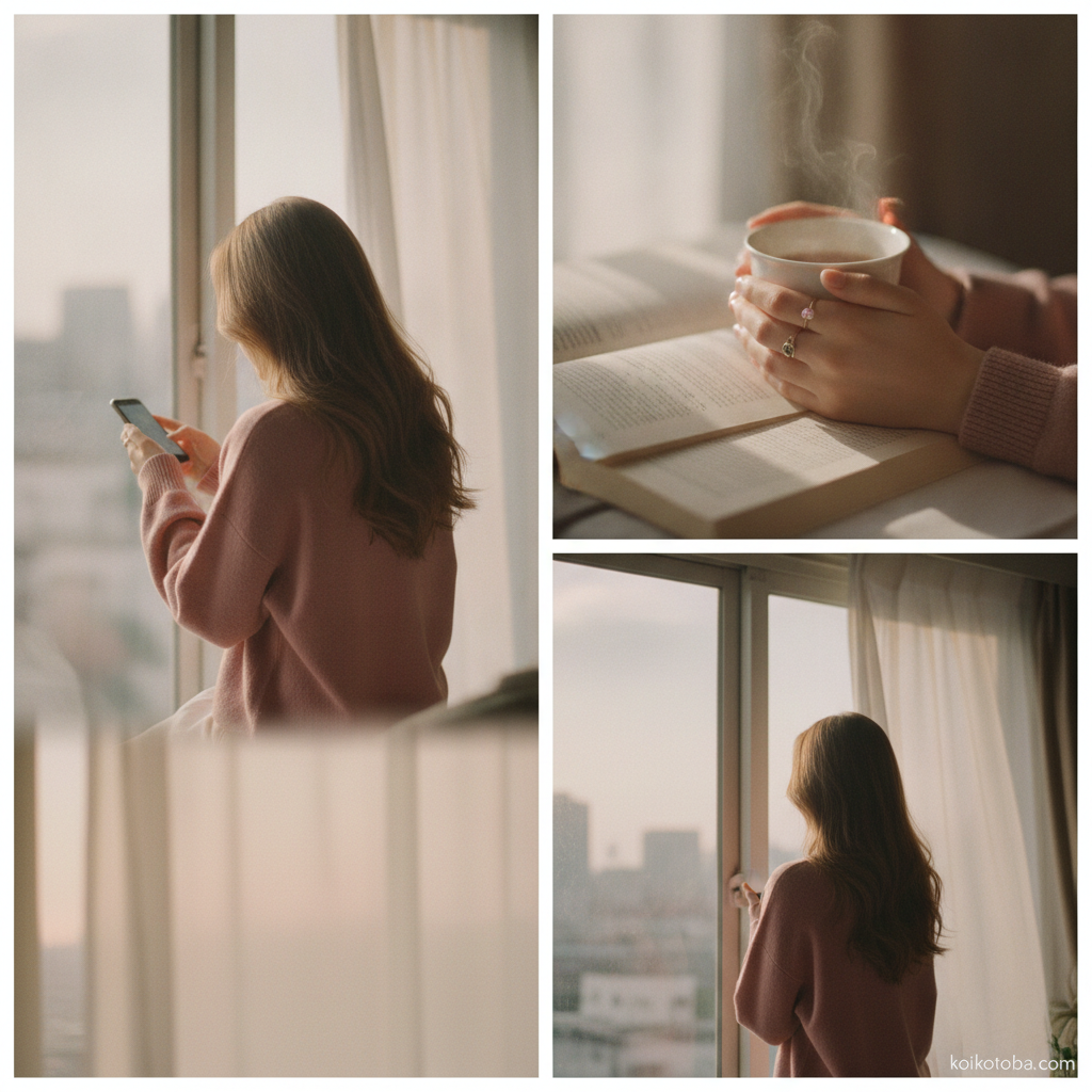 窓辺でスマートフォンを見つめる女性のやわらかい水彩イラスト
