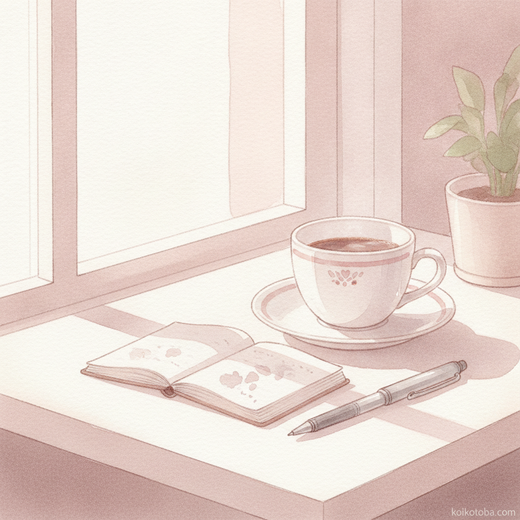 カフェのテーブルとコーヒーカップのやわらかい水彩イラスト