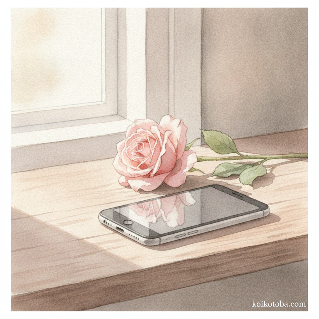 テーブルの上のスマホと花・LINEで気持ちを確かめるシーンのイメージ