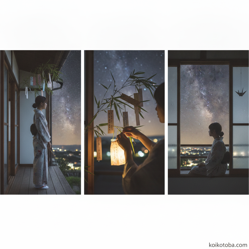 七夕の夜に窓辺から星空を眺める女性のイラスト
