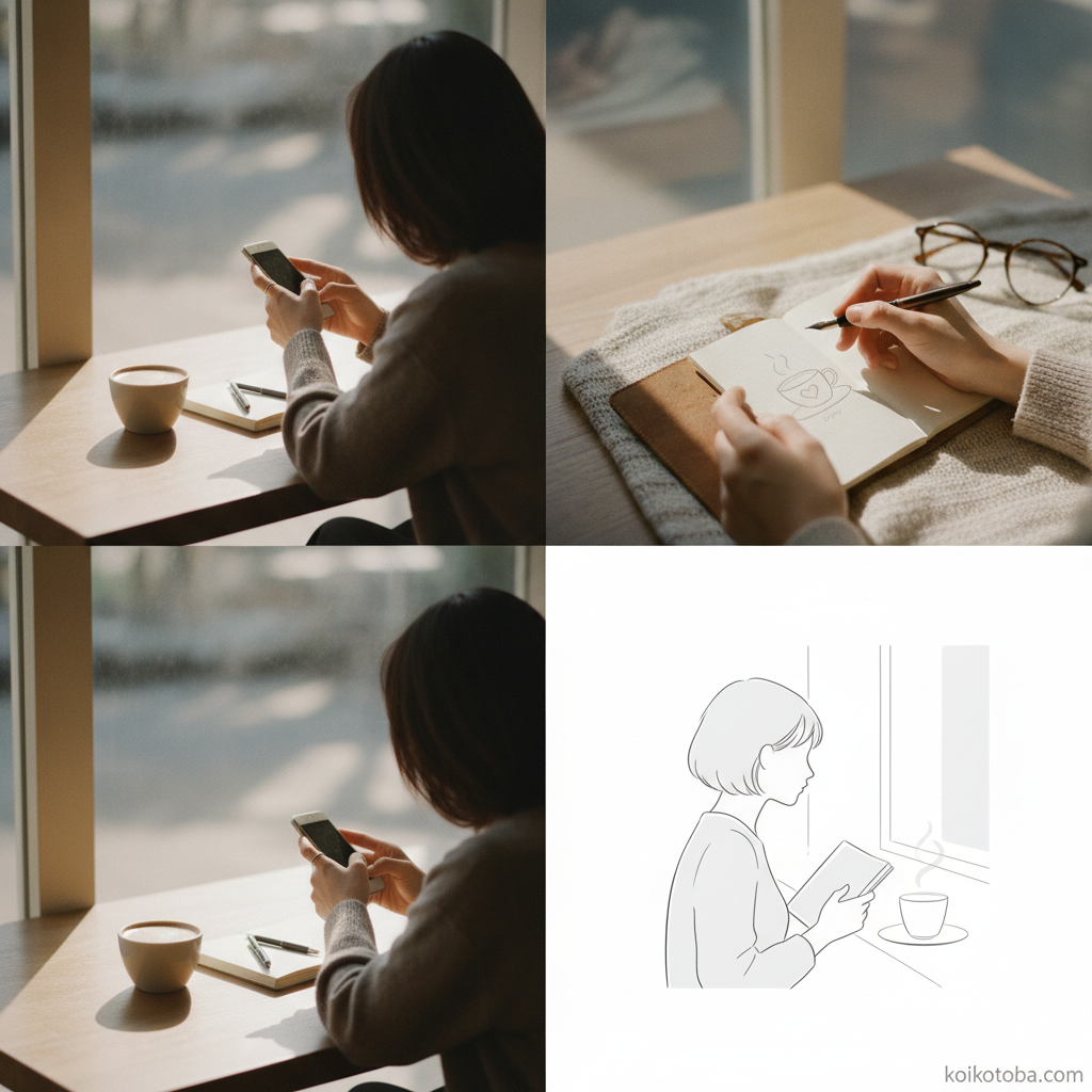 窓辺のカフェでスマホを手に物思いにふける女性のイラスト