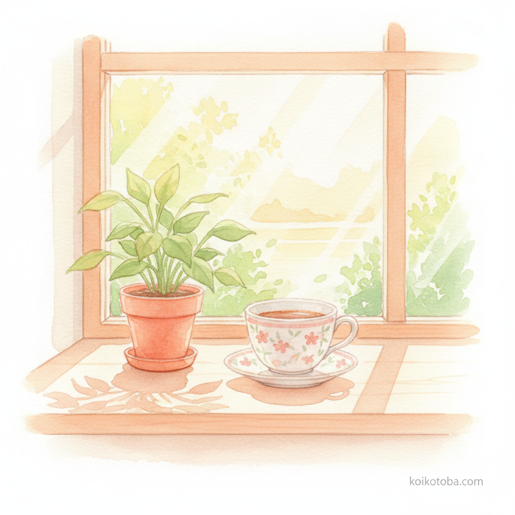 窓辺のコーヒーカップと観葉植物。マッチングアプリ疲れの回復・休憩のイメージ
