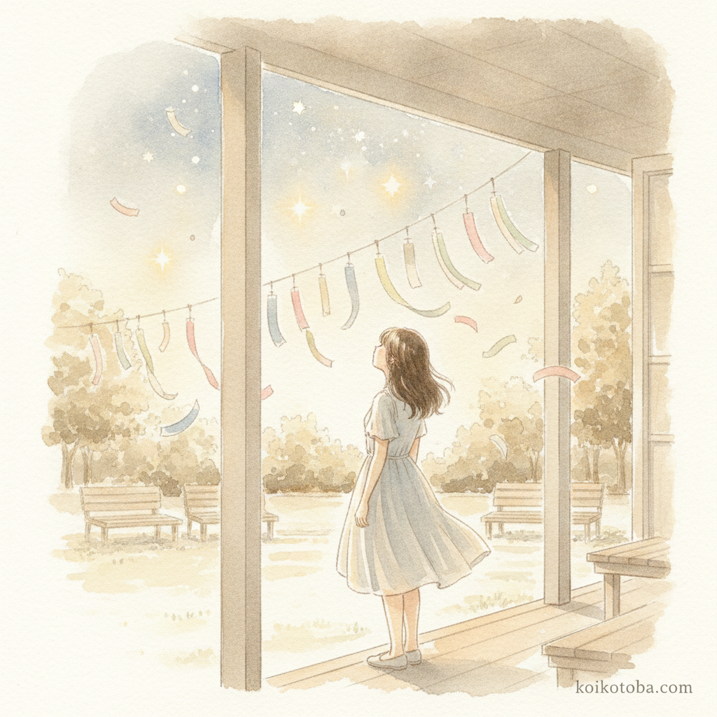 七夕の夜、星空を見上げる女性のやわらかい水彩イラスト