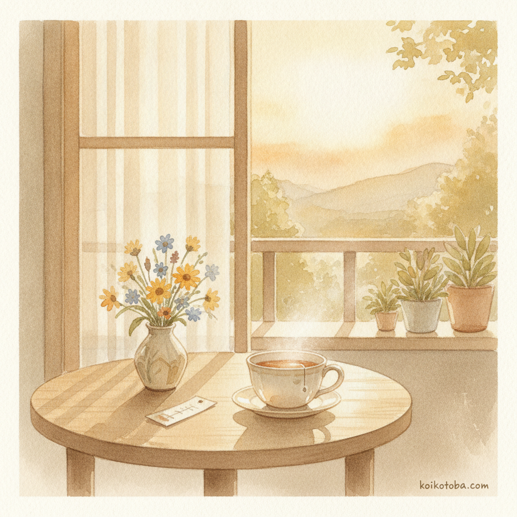 七夕の短冊と夏の花が窓辺に置かれた静かな夕暮れの水彩イラスト