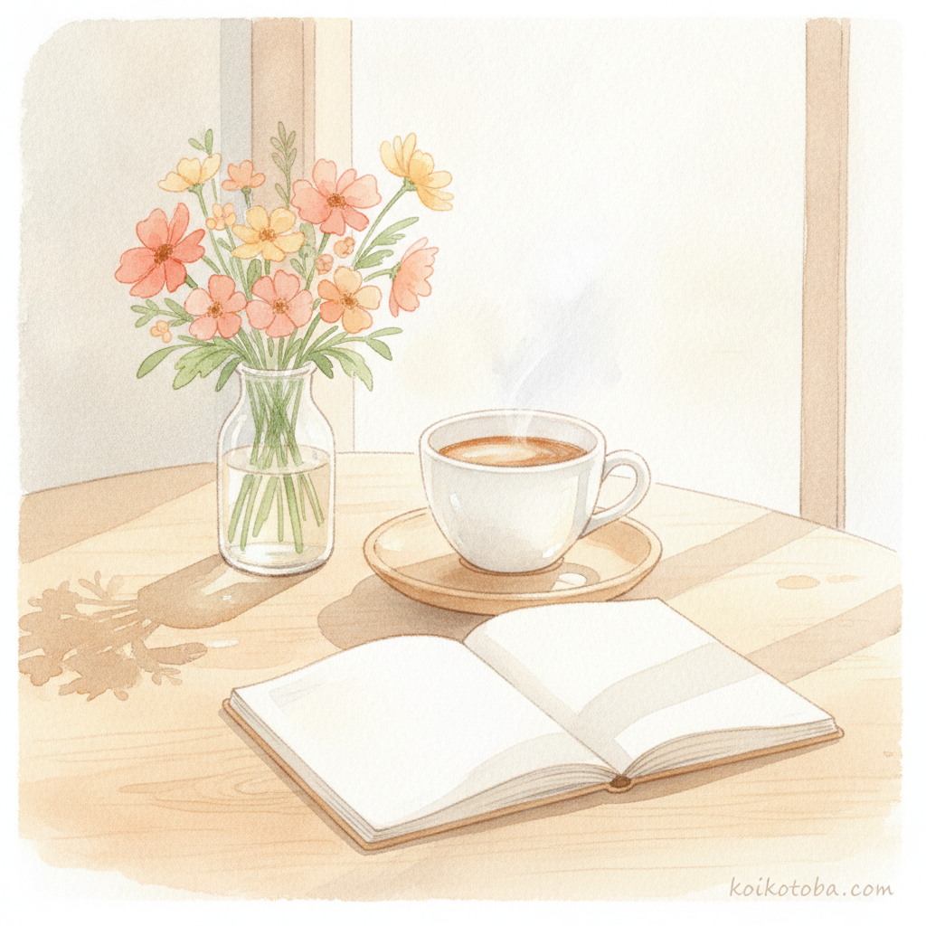 コーヒーとノートと花が並ぶカフェテーブルの水彩イラスト