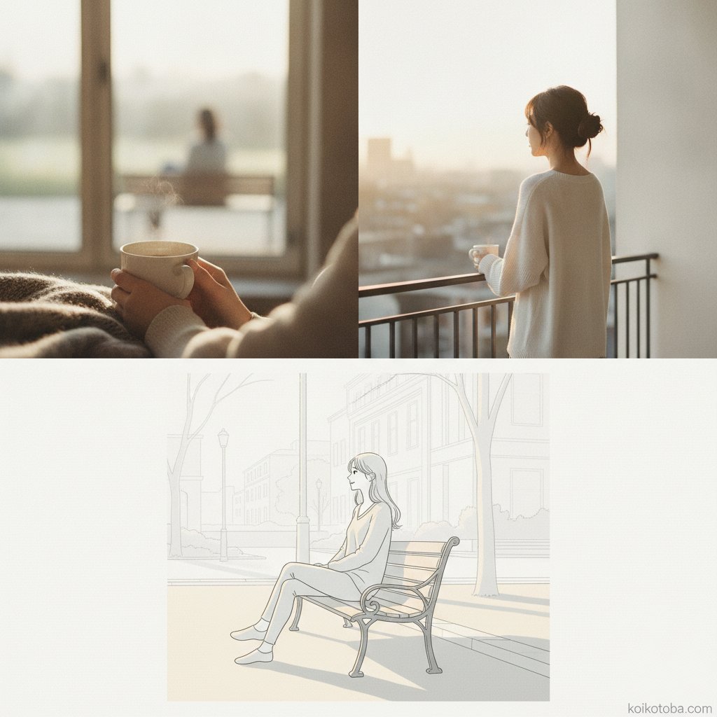 静かな朝の街角でひとりベンチに座り、遠くを見つめてほほえむ女性のイラスト