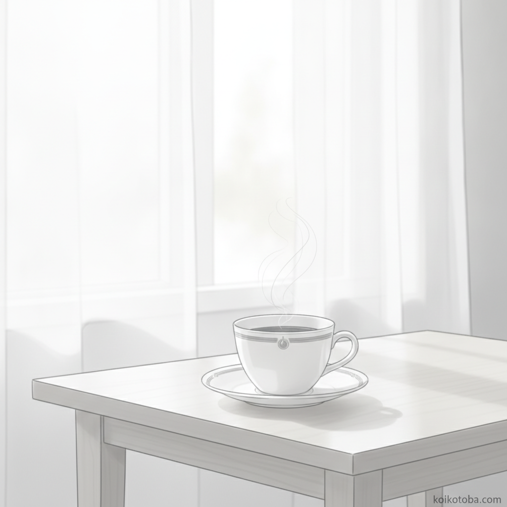 窓辺の木製テーブルに置かれたコーヒーカップと柔らかな自然光のミニマルイラスト