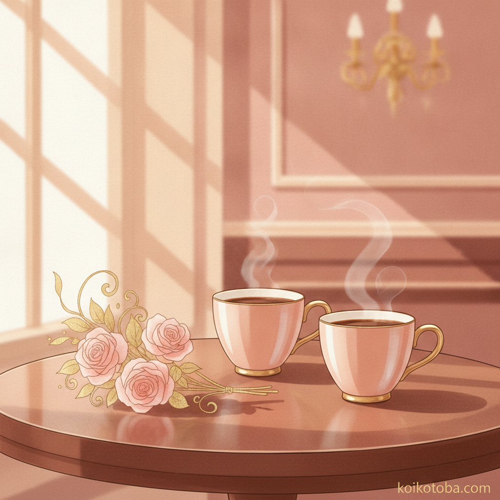 テーブルの上の二つのコーヒーカップと小花のイラスト｜倦怠期の関係修復イメージ