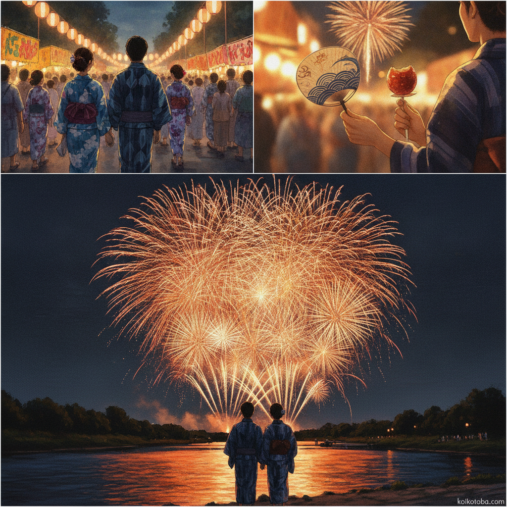 花火大会に向かう浴衣姿の二人の後ろ姿と夜空の花火