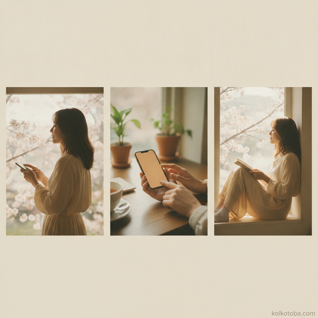 窓辺でスマホを持ちながら微笑む女性・片思いのLINEイメージ