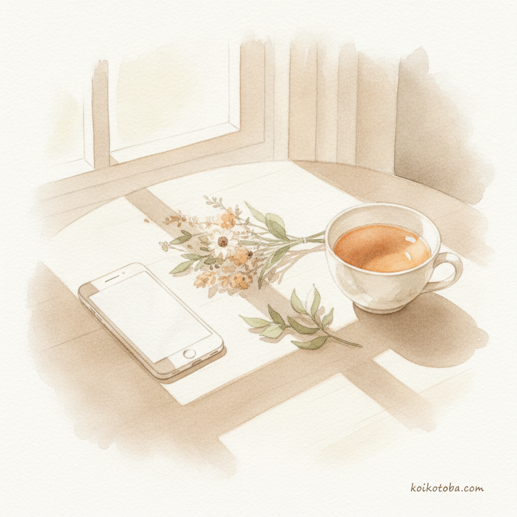 テーブルの上のスマホと花・LINEきっかけ作りのイメージ