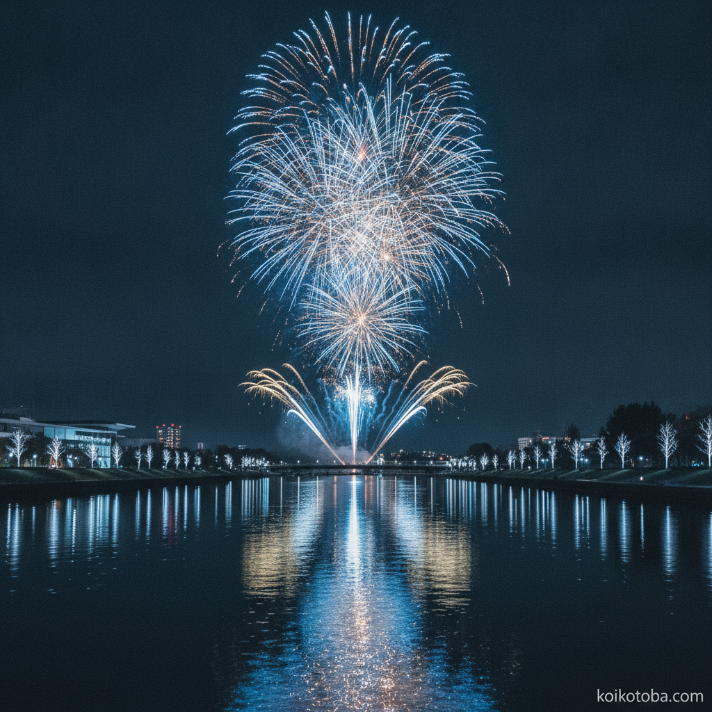 夜空に打ち上がる花火と川面に映る光の情景