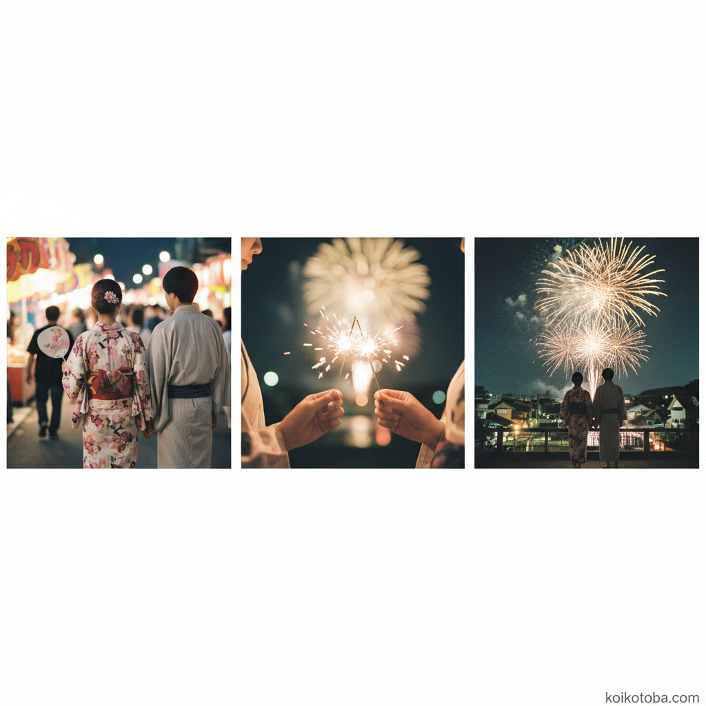 花火大会に向かう浴衣の二人のシルエットと夏の夜空