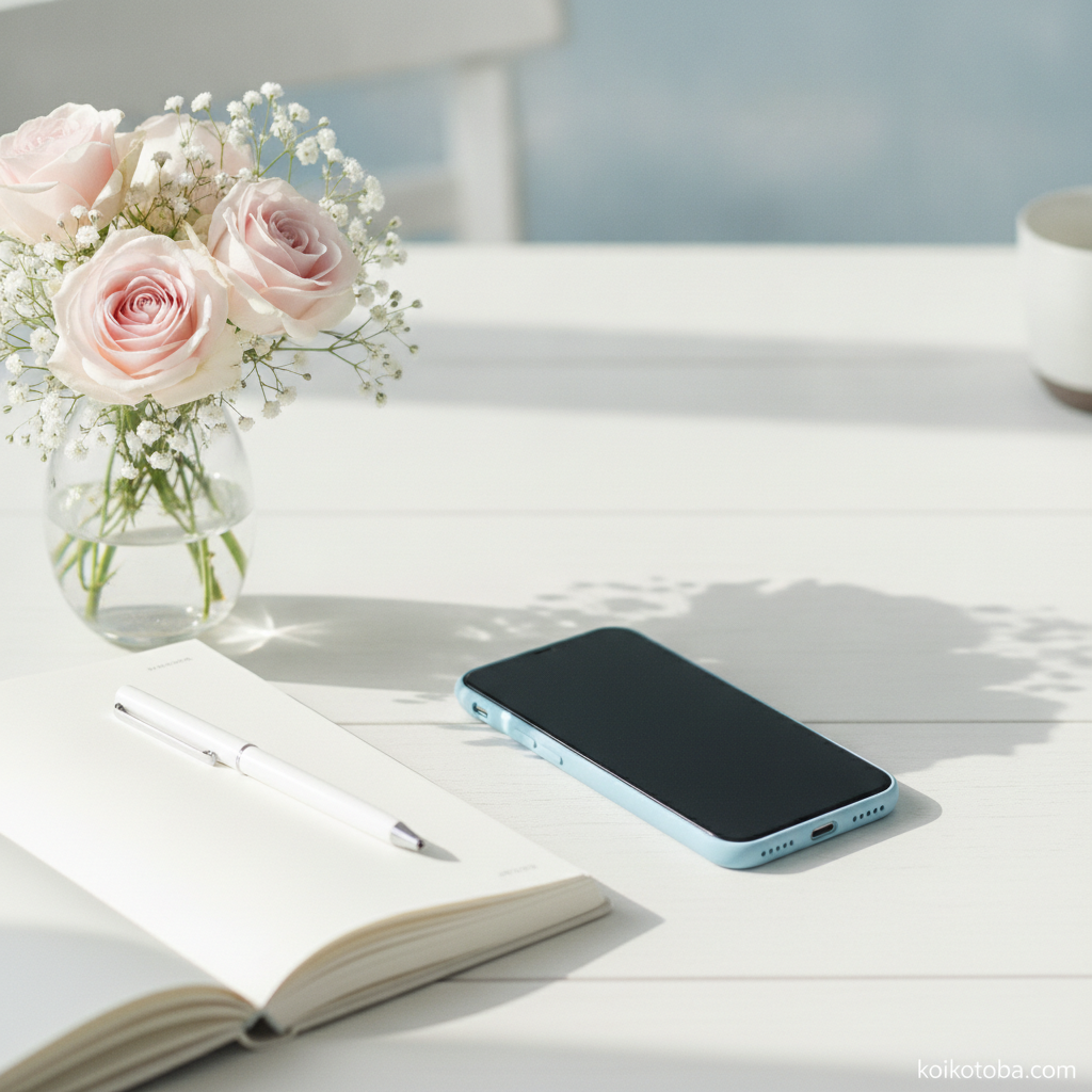 白いテーブルの上のスマホとピンクの小花とノート