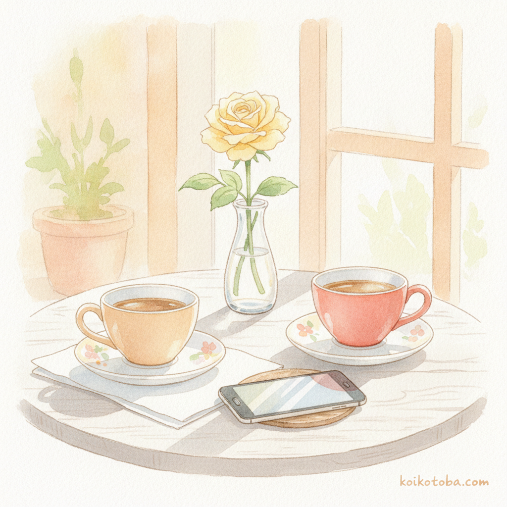 カフェのテーブルに置かれた二つのコーヒーカップと花の水彩イラスト