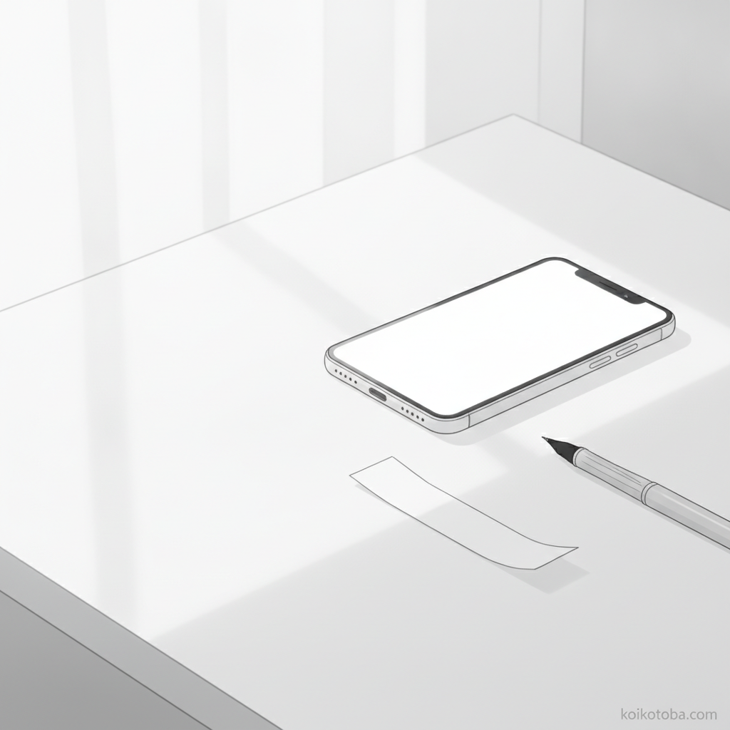 白いデスクの上にスマートフォンと短冊、ペンが静かに並ぶミニマルなイラスト