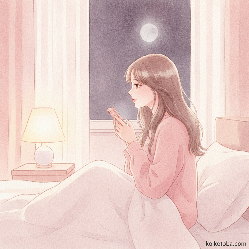 夜、窓辺のベッドでスマホを胸に抱えながら月を見つめる女性の水彩イラスト