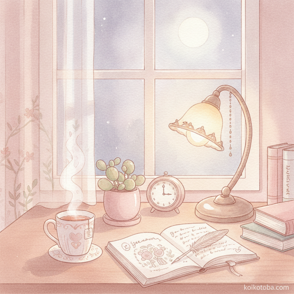夜の窓辺の机に置かれた温かいお茶とノート、月明かりが差し込む水彩イラスト