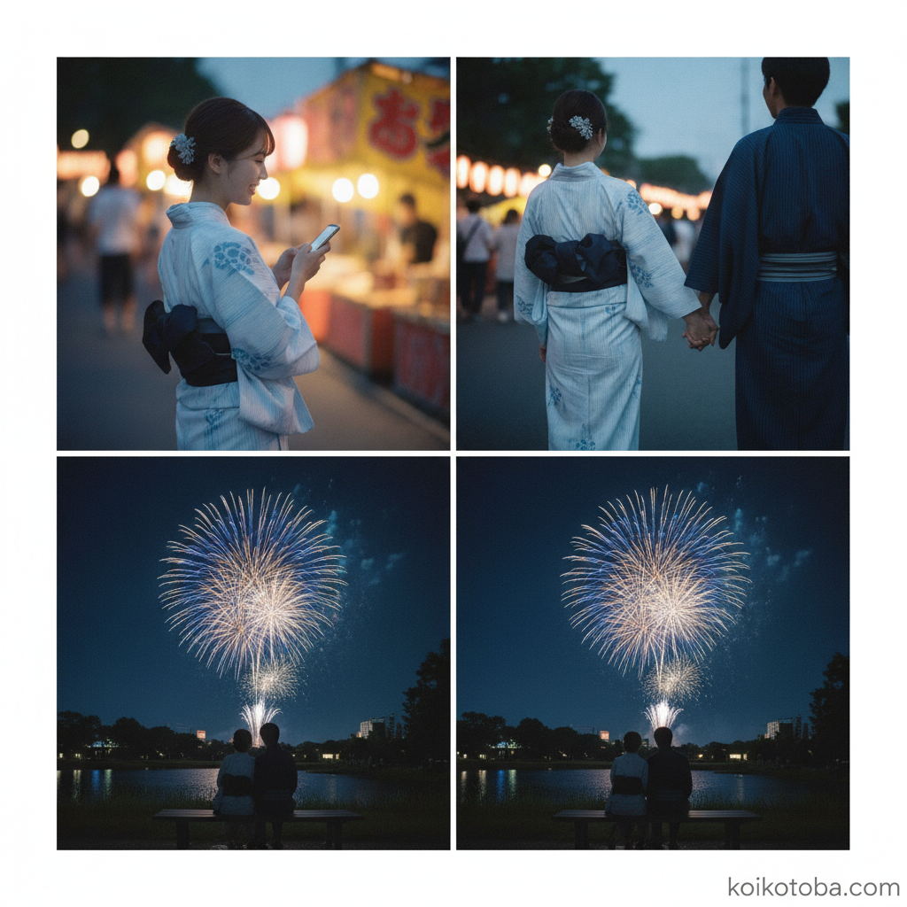 夏祭りの夜に浴衣姿でスマホを持つ女性