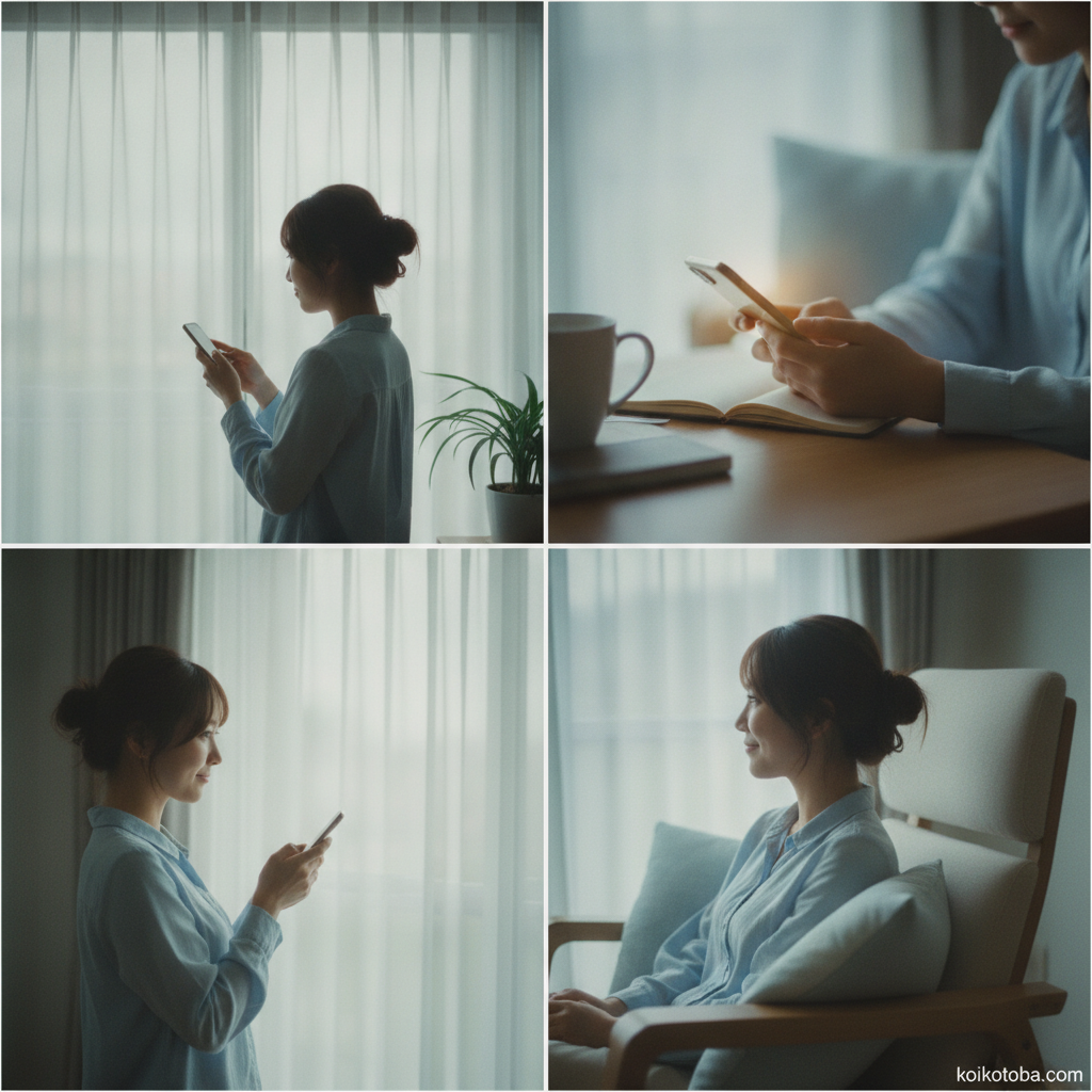 窓辺でスマートフォンを見つめる女性