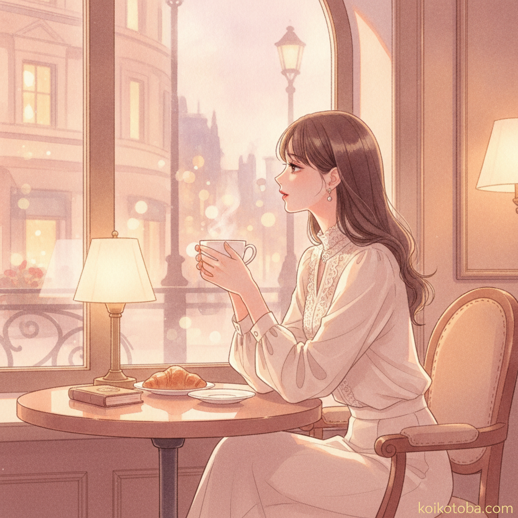 カフェの窓際で物思いにふける女性のイラスト、暖かい光の雰囲気