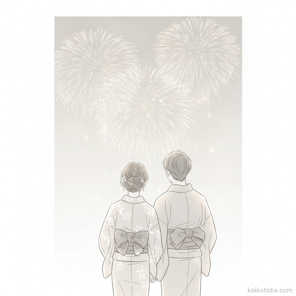 浴衣姿で花火を見上げる男女のイラスト