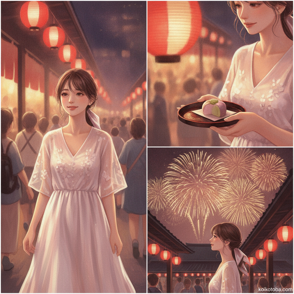 夏祭りの提灯の下を白いワンピースで歩く女性のイラスト