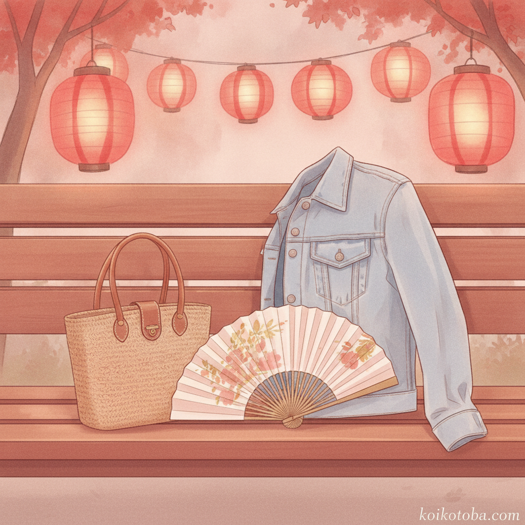 夏祭りの夜、ベンチに置かれたカゴバッグとデニムのイラスト