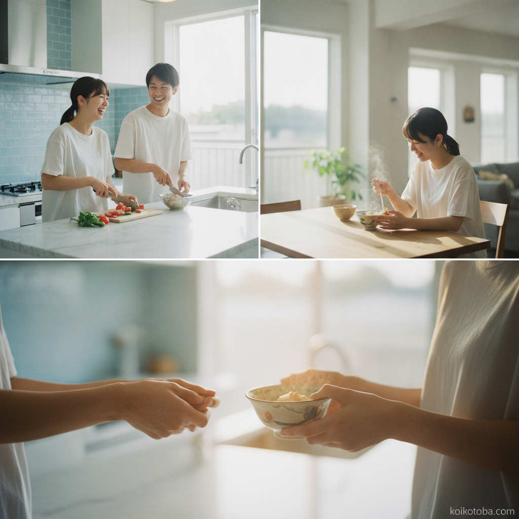 キッチンで一緒に料理をして笑い合うカップル