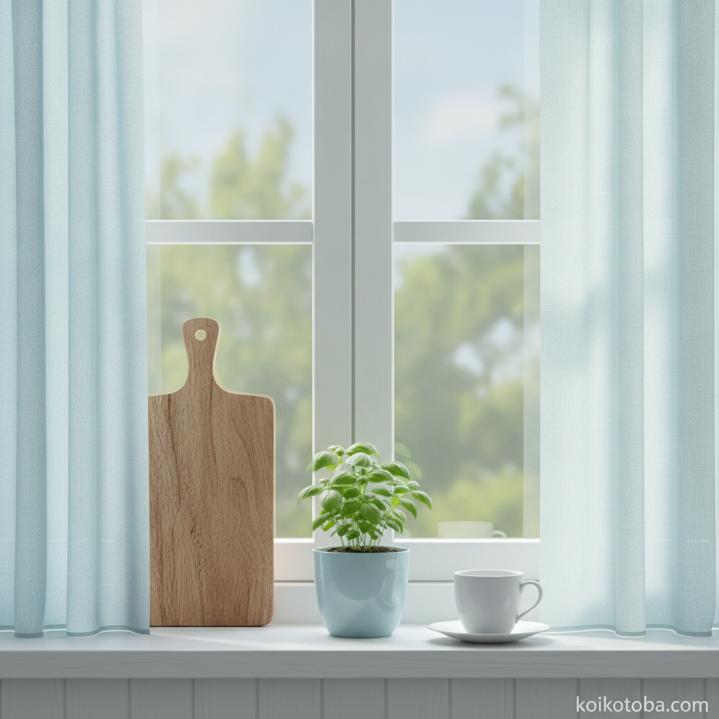 窓辺のハーブと白いマグカップが置かれたナチュラルなキッチンの風景