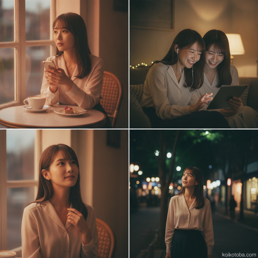 夕暮れのカフェでスマホを見つめながら物思いにふける女性