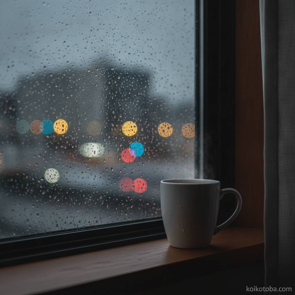 雨の窓辺と冷めかけのマグカップ