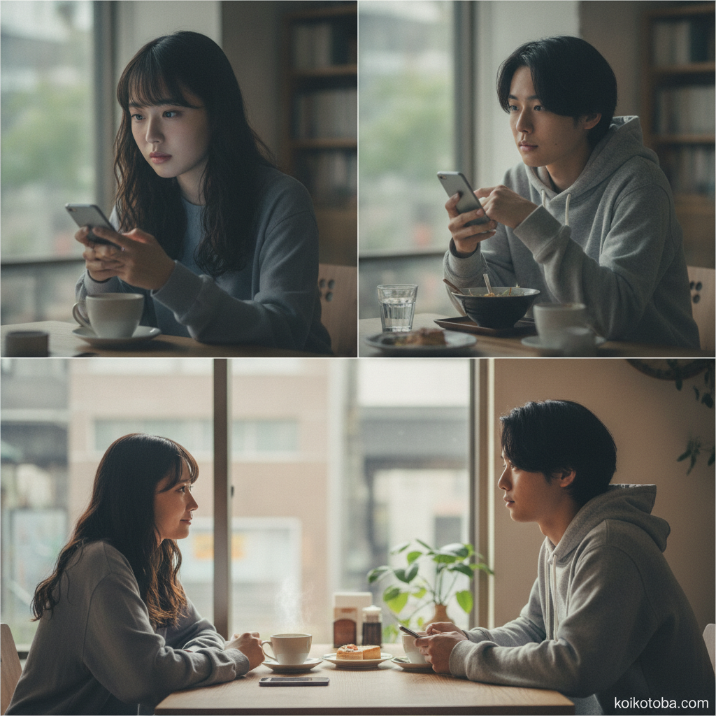 夜にスマートフォンを見つめる人物