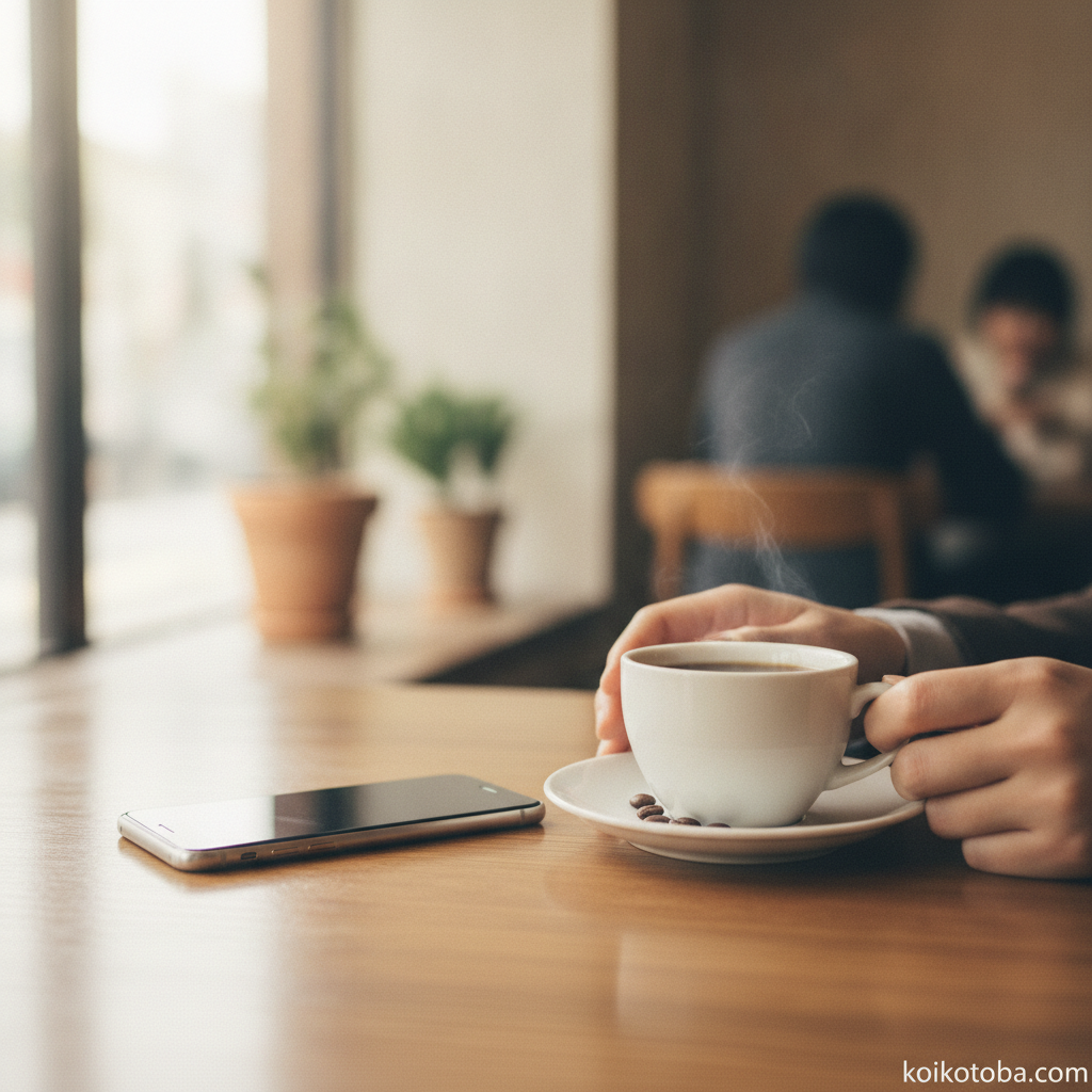 カフェのテーブルに置かれたスマートフォンとコーヒー