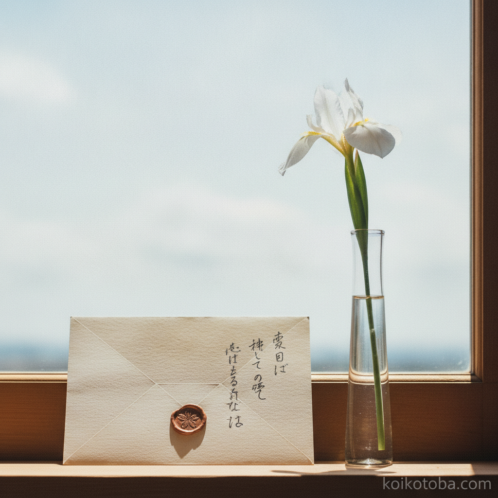 窓辺に置かれた花と手書きの手紙