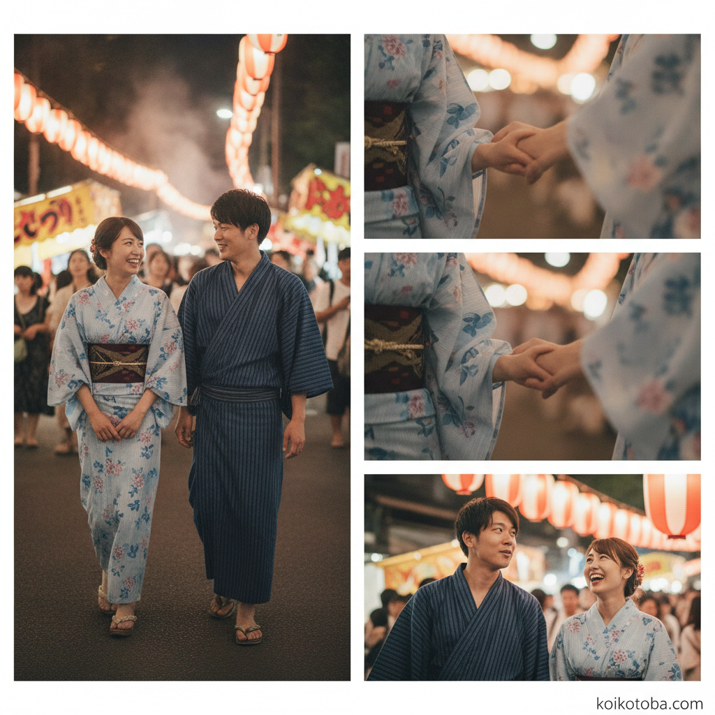 夏祭りの夜、浴衣姿で並んで歩くカップル