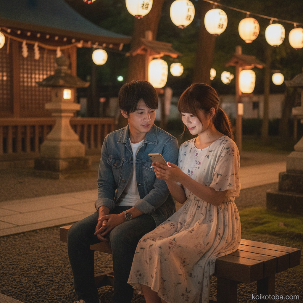 夏祭りの帰りにスマートフォンを見ながら話す2人