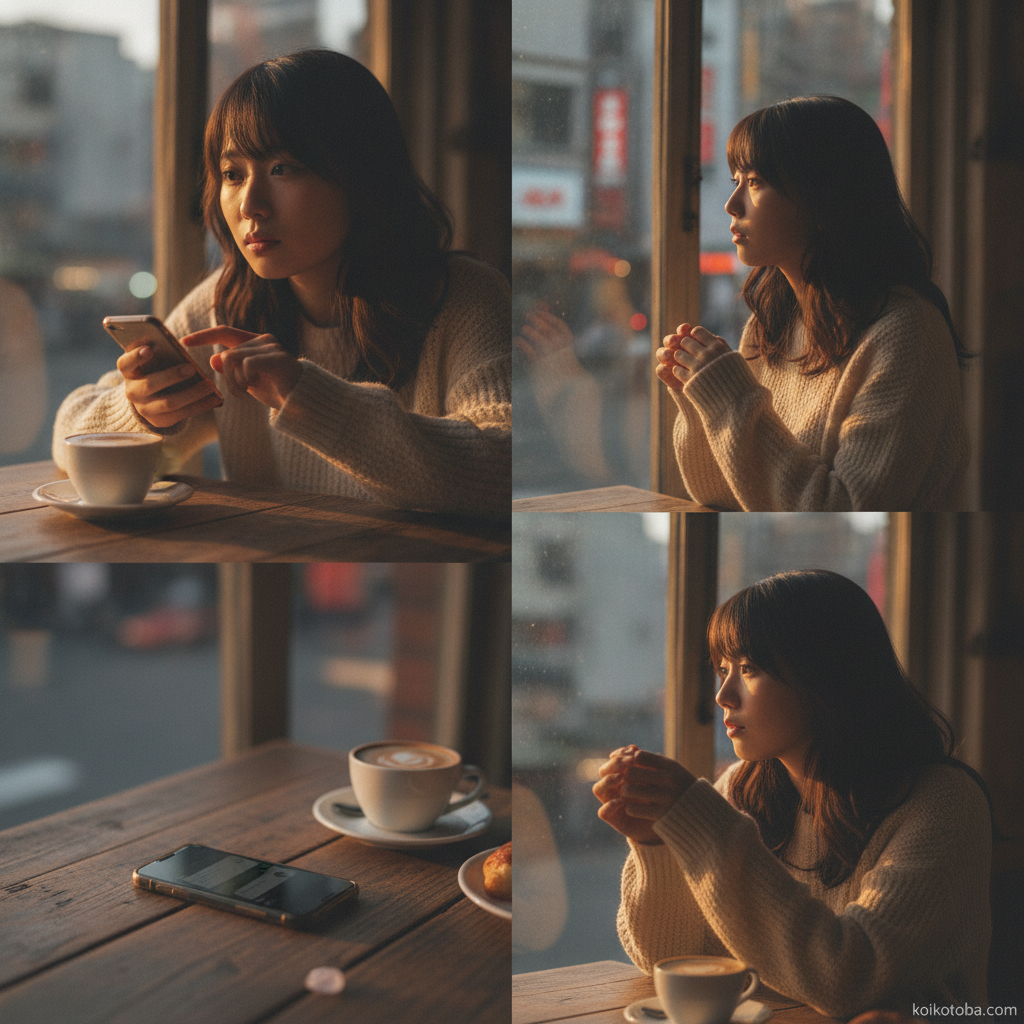 夕方のカフェでスマートフォンを前に置いたテーブルの風景