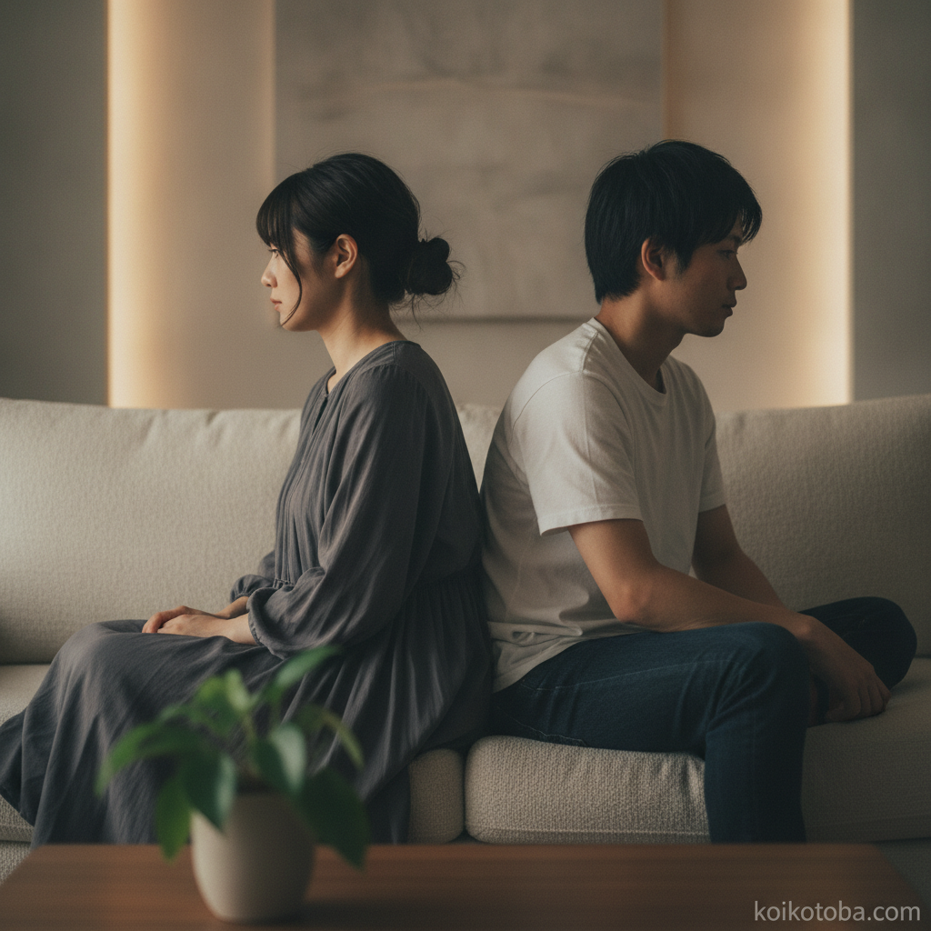 ソファに並んで座りながら少し距離のある男女の後ろ姿
