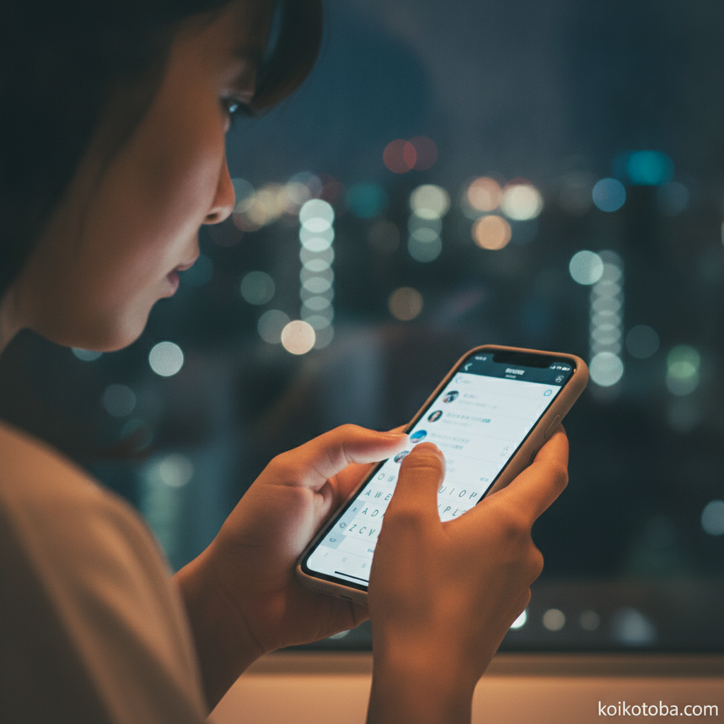 夜の窓際でスマートフォンを操作する手元のクローズアップ