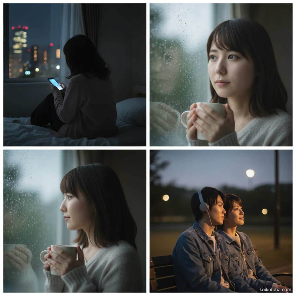 夜中にスマホを見つめる女性の後ろ姿