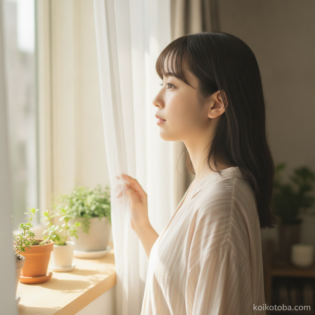 朝の光を浴びる女性の横顔