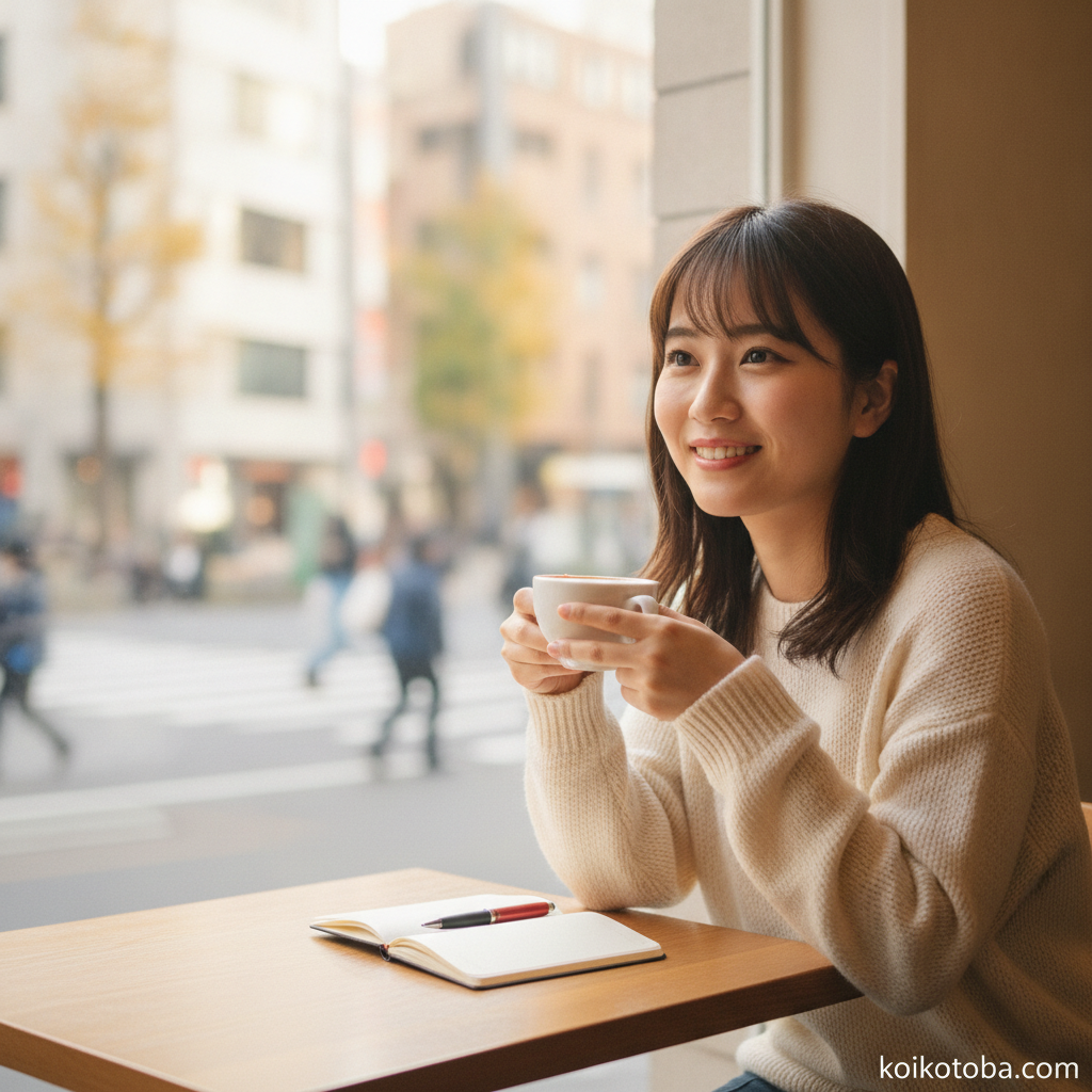 カフェの窓際で微笑む女性
