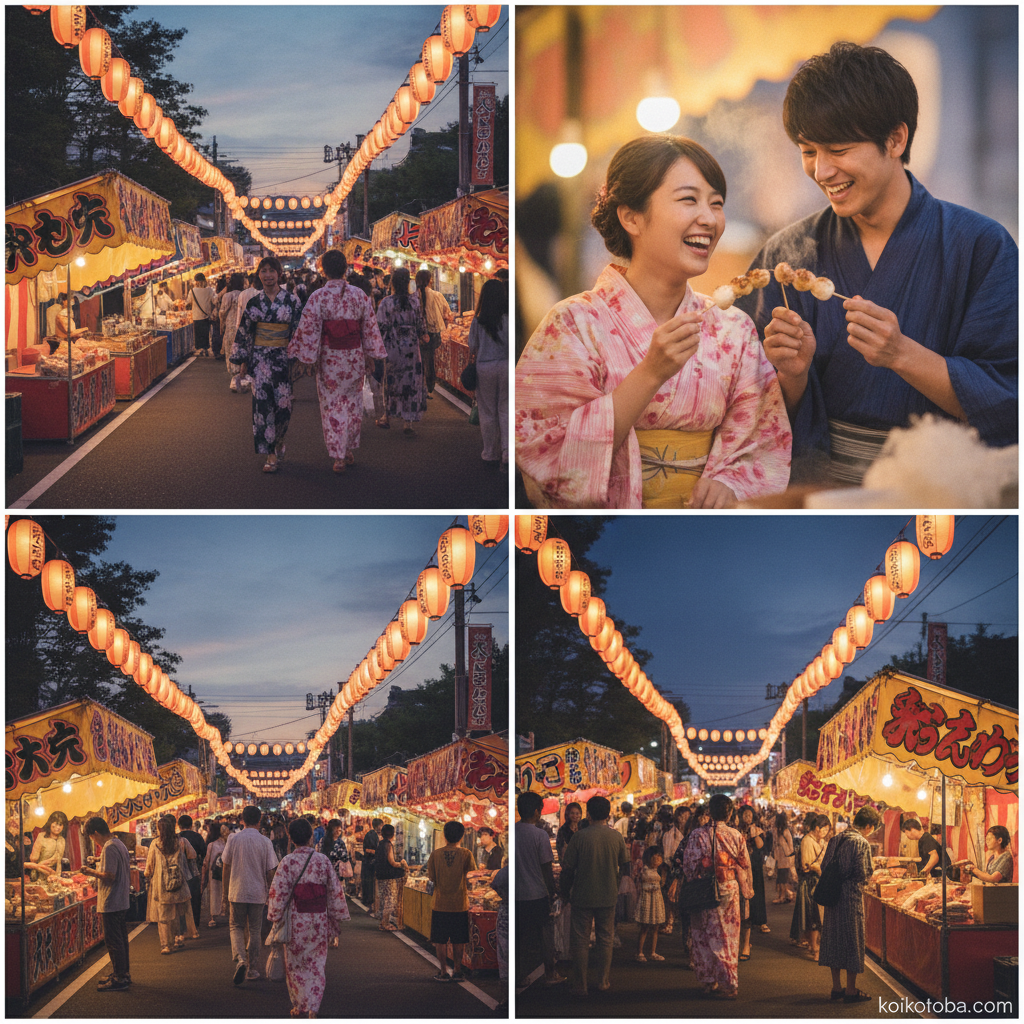 夕暮れ時の夏祭りの屋台通りと提灯の光