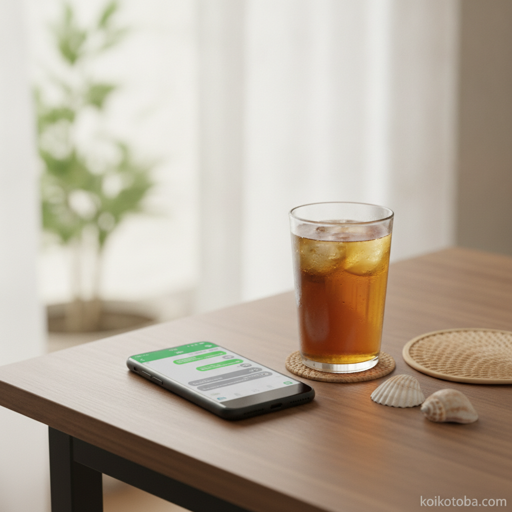 テーブルの上のスマートフォンとLINEの画面